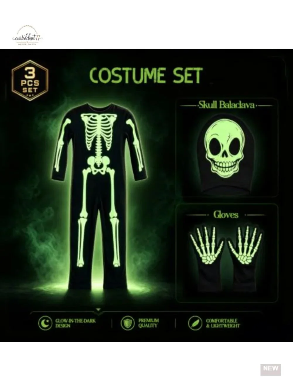 Kids Skeleton Glow in Dark Costume Set with Zipper - Ages 3-14